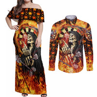 Personalised Skull Darts Couples Matching Off Shoulder Maxi Dress and Long Sleeve Button Shirt Death In Fire