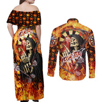 Personalised Skull Darts Couples Matching Off Shoulder Maxi Dress and Long Sleeve Button Shirt Death In Fire