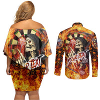 Personalised Skull Darts Couples Matching Off Shoulder Short Dress and Long Sleeve Button Shirt Death In Fire