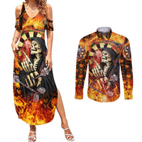 Personalised Skull Darts Couples Matching Summer Maxi Dress and Long Sleeve Button Shirt Death In Fire