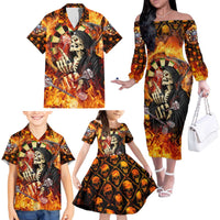 Personalised Skull Darts Family Matching Off The Shoulder Long Sleeve Dress and Hawaiian Shirt Death In Fire