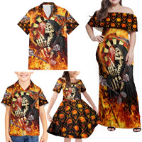 Personalised Skull Darts Family Matching Off Shoulder Maxi Dress and Hawaiian Shirt Death In Fire