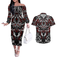 Celtic Wolf Fenrir Vikings Couples Matching Off The Shoulder Long Sleeve Dress and Hawaiian Shirt Norse Mythology - Wonder Print Shop