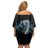 Dragon Viking With Runes Family Matching Off Shoulder Short Dress and Hawaiian Shirt Blue Black - Wonder Print Shop