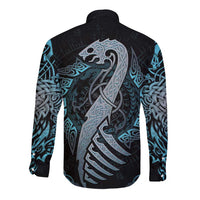 Dragon Viking With Runes Long Sleeve Button Shirt Blue Black - Wonder Print Shop