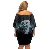 Dragon Viking With Runes Off Shoulder Short Dress Blue Black - Wonder Print Shop