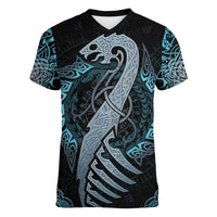 Dragon Viking With Runes Women V-Neck T-Shirt Blue Black - Wonder Print Shop