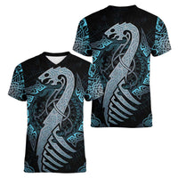 Dragon Viking With Runes Women V-Neck T-Shirt Blue Black - Wonder Print Shop