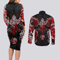 Raven And Norse Runes Couples Matching Long Sleeve Bodycon Dress and Long Sleeve Button Shirt Viking - Wonder Print Shop