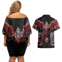 Raven And Norse Runes Couples Matching Off Shoulder Short Dress and Hawaiian Shirt Viking - Wonder Print Shop
