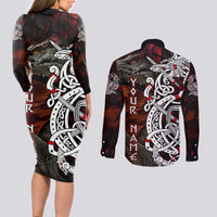Viking Dragons Couples Matching Long Sleeve Bodycon Dress and Long Sleeve Button Shirt Norse Mythology - Wonder Print Shop