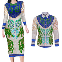 Dragon Celtic Knot Couples Matching Long Sleeve Bodycon Dress and Long Sleeve Button Shirt - Wonder Print Shop