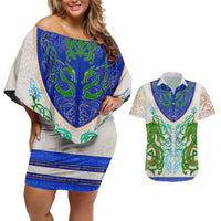 Dragon Celtic Knot Couples Matching Off Shoulder Short Dress and Hawaiian Shirt - Wonder Print Shop