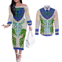 Dragon Celtic Knot Couples Matching Off The Shoulder Long Sleeve Dress and Long Sleeve Button Shirt