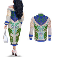 Dragon Celtic Knot Couples Matching Off The Shoulder Long Sleeve Dress and Long Sleeve Button Shirt