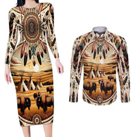 Native American Life Couples Matching Long Sleeve Bodycon Dress and Long Sleeve Button Shirt Teepee Village With Buffalo Bison - Wonder Print Shop