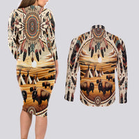 Native American Life Couples Matching Long Sleeve Bodycon Dress and Long Sleeve Button Shirt Teepee Village With Buffalo Bison - Wonder Print Shop