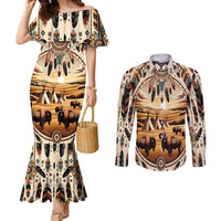 Native American Life Couples Matching Mermaid Dress and Long Sleeve Button Shirt Teepee Village With Buffalo Bison