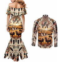 Native American Life Couples Matching Mermaid Dress and Long Sleeve Button Shirt Teepee Village With Buffalo Bison