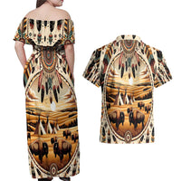 Native American Life Couples Matching Off Shoulder Maxi Dress and Hawaiian Shirt Teepee Village With Buffalo Bison - Wonder Print Shop