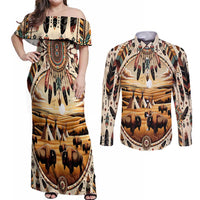 Native American Life Couples Matching Off Shoulder Maxi Dress and Long Sleeve Button Shirt Teepee Village With Buffalo Bison - Wonder Print Shop