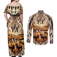 Native American Life Couples Matching Off Shoulder Maxi Dress and Long Sleeve Button Shirt Teepee Village With Buffalo Bison - Wonder Print Shop