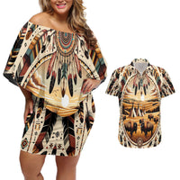 Native American Life Couples Matching Off Shoulder Short Dress and Hawaiian Shirt Teepee Village With Buffalo Bison - Wonder Print Shop
