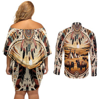 Native American Life Couples Matching Off Shoulder Short Dress and Long Sleeve Button Shirt Teepee Village With Buffalo Bison - Wonder Print Shop
