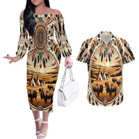 Native American Life Couples Matching Off The Shoulder Long Sleeve Dress and Hawaiian Shirt Teepee Village With Buffalo Bison - Wonder Print Shop