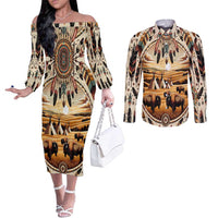 Native American Life Couples Matching Off The Shoulder Long Sleeve Dress and Long Sleeve Button Shirt Teepee Village With Buffalo Bison