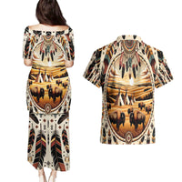 Native American Life Couples Matching Puletasi and Hawaiian Shirt Teepee Village With Buffalo Bison - Wonder Print Shop