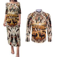 Native American Life Couples Matching Puletasi and Long Sleeve Button Shirt Teepee Village With Buffalo Bison - Wonder Print Shop