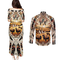 Native American Life Couples Matching Puletasi and Long Sleeve Button Shirt Teepee Village With Buffalo Bison - Wonder Print Shop