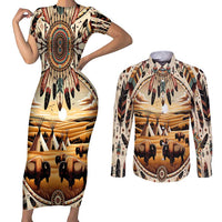 Native American Life Couples Matching Short Sleeve Bodycon Dress and Long Sleeve Button Shirt Teepee Village With Buffalo Bison - Wonder Print Shop