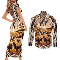 Native American Life Couples Matching Short Sleeve Bodycon Dress and Long Sleeve Button Shirt Teepee Village With Buffalo Bison - Wonder Print Shop