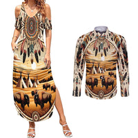Native American Life Couples Matching Summer Maxi Dress and Long Sleeve Button Shirt Teepee Village With Buffalo Bison - Wonder Print Shop