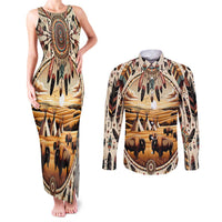 Native American Life Couples Matching Tank Maxi Dress and Long Sleeve Button Shirt Teepee Village With Buffalo Bison - Wonder Print Shop