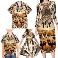 Native American Life Family Matching Long Sleeve Bodycon Dress and Hawaiian Shirt Teepee Village With Buffalo Bison - Wonder Print Shop