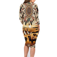 Native American Life Family Matching Long Sleeve Bodycon Dress and Hawaiian Shirt Teepee Village With Buffalo Bison - Wonder Print Shop