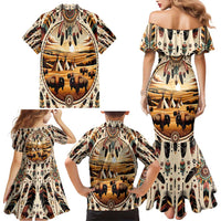 Native American Life Family Matching Mermaid Dress and Hawaiian Shirt Teepee Village With Buffalo Bison - Wonder Print Shop