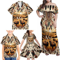 Native American Life Family Matching Off Shoulder Maxi Dress and Hawaiian Shirt Teepee Village With Buffalo Bison - Wonder Print Shop