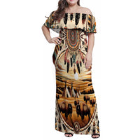 Native American Life Family Matching Off Shoulder Maxi Dress and Hawaiian Shirt Teepee Village With Buffalo Bison - Wonder Print Shop