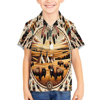 Native American Life Family Matching Off Shoulder Maxi Dress and Hawaiian Shirt Teepee Village With Buffalo Bison - Wonder Print Shop