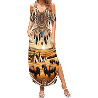 Native American Life Family Matching Summer Maxi Dress and Hawaiian Shirt Teepee Village With Buffalo Bison - Wonder Print Shop