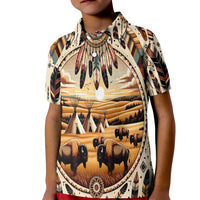Native American Life Kid Polo Shirt Teepee Village With Buffalo Bison - Wonder Print Shop