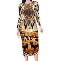 Native American Life Long Sleeve Bodycon Dress Teepee Village With Buffalo Bison - Wonder Print Shop