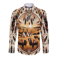 Native American Life Long Sleeve Button Shirt Teepee Village With Buffalo Bison - Wonder Print Shop