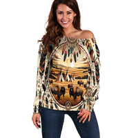 Native American Life Off Shoulder Sweater Teepee Village With Buffalo Bison - Wonder Print Shop
