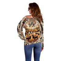 Native American Life Off Shoulder Sweater Teepee Village With Buffalo Bison - Wonder Print Shop
