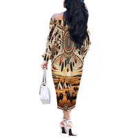 Native American Life Off The Shoulder Long Sleeve Dress Teepee Village With Buffalo Bison - Wonder Print Shop